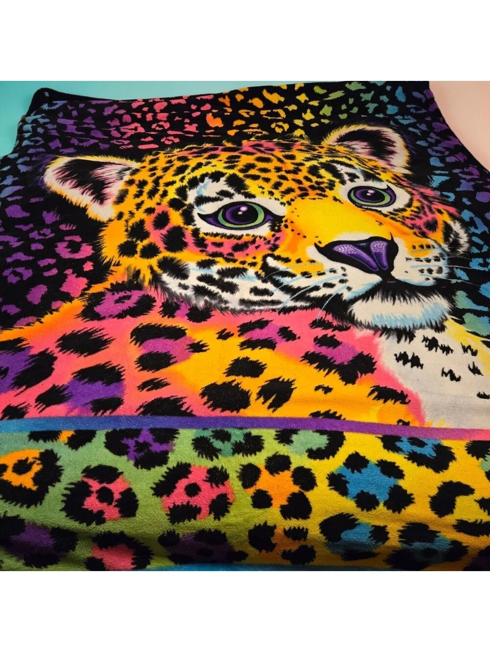 Lisa Frank Plush Blanket Throw Hunter Leopard Rainbow 60.5X88”